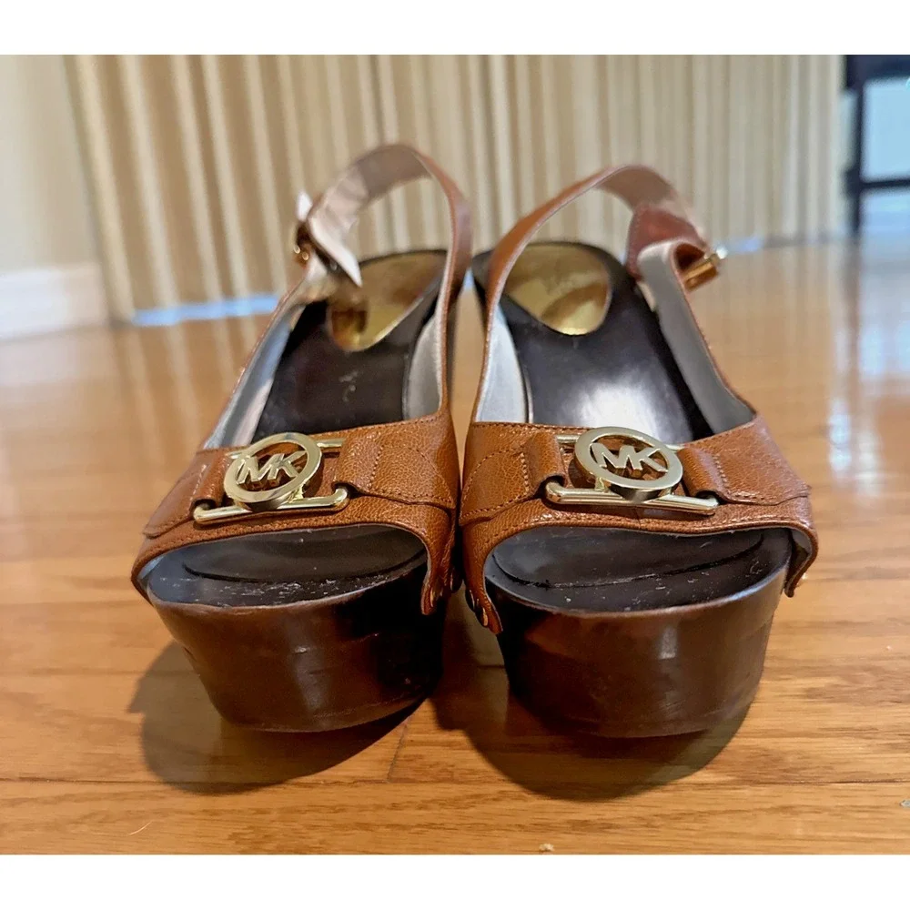 Michael Kors Brown Leather Wedge Slingback Heels Studded Logo Open Toe Sz 8